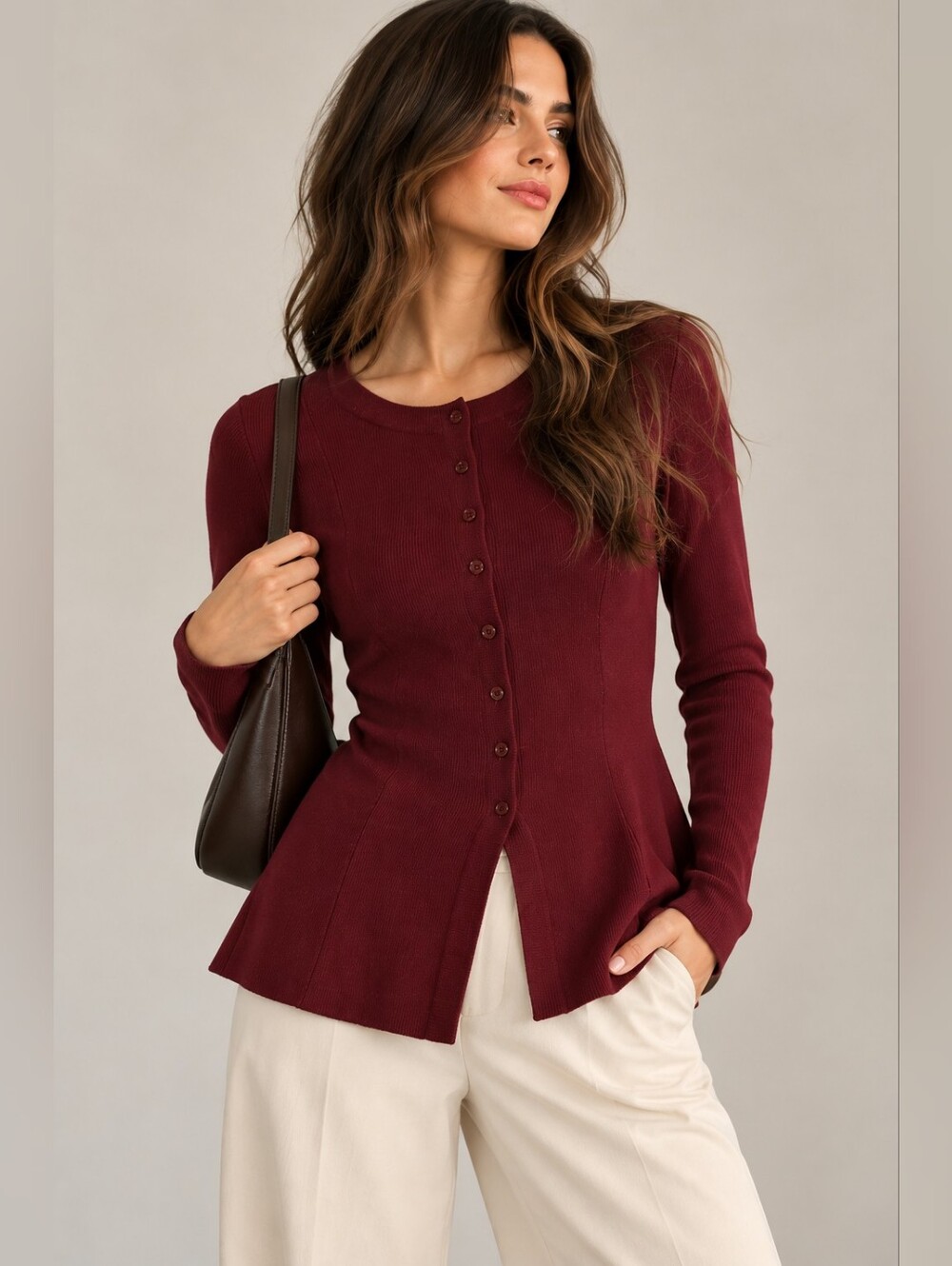 LINE Burgundy Tailored Peplum Button Front Cardigan Sweater M
